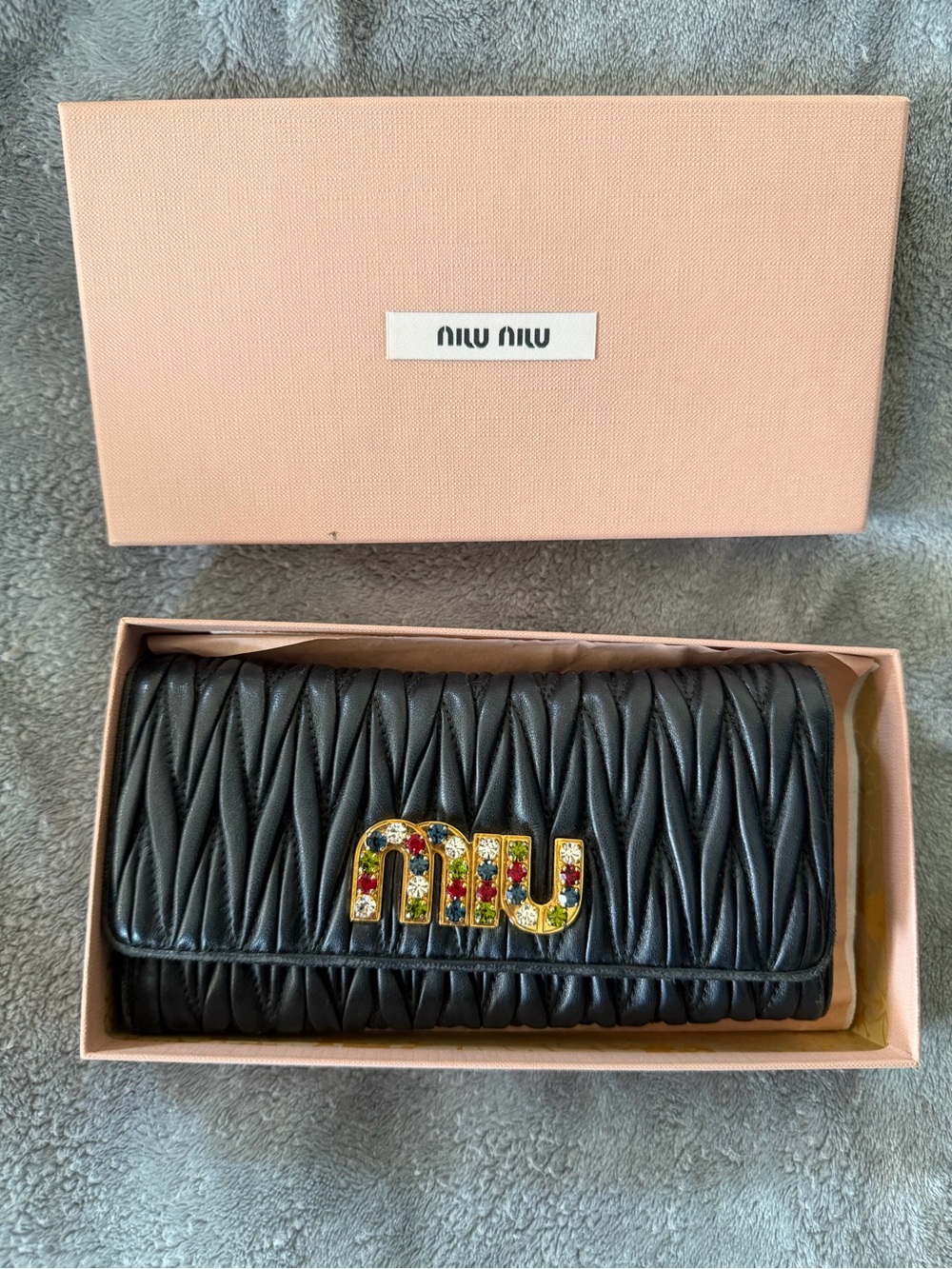Miu Miu Black Matelassé Leather Wallet with Bejeweled Logo